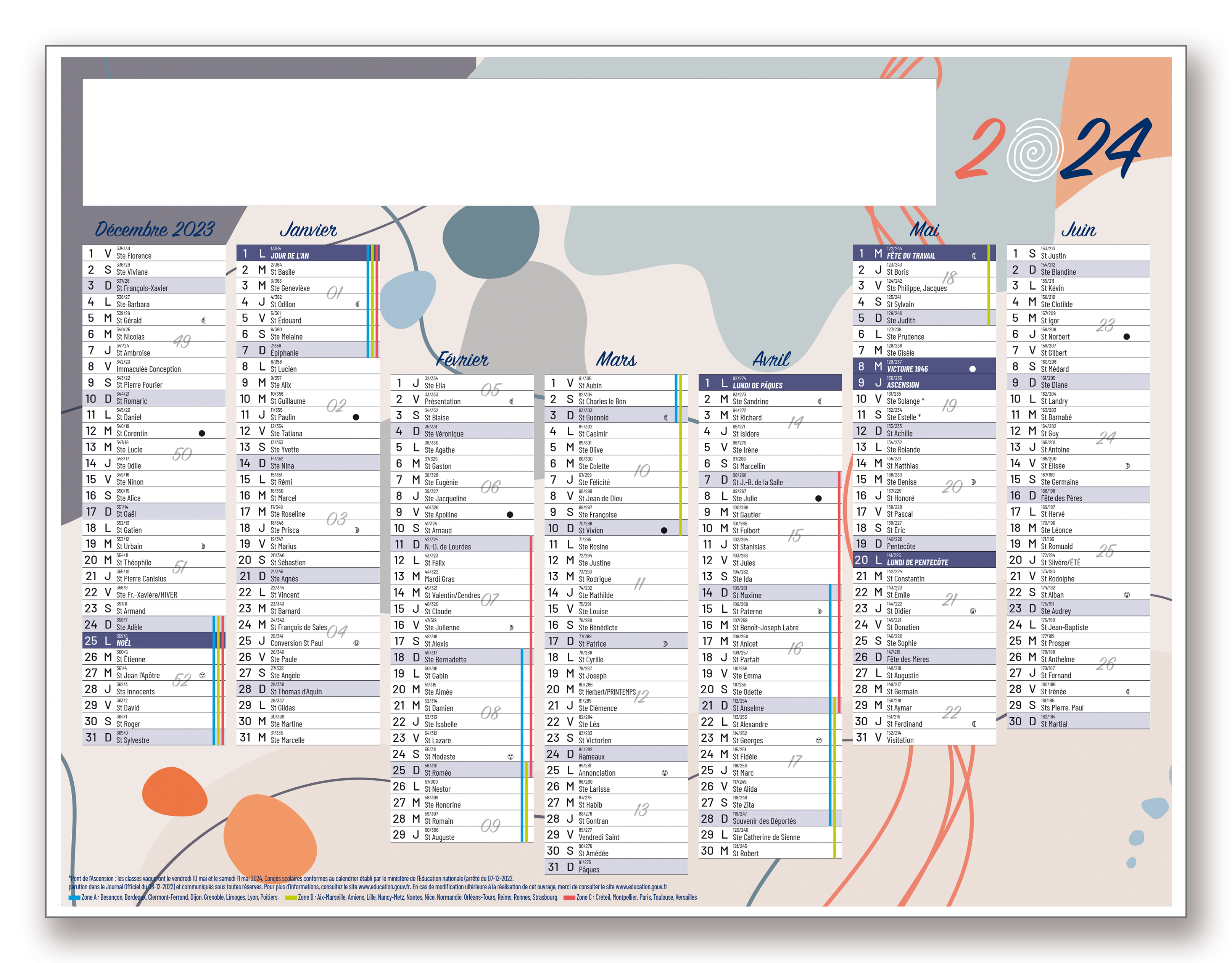 Calendrier souple cartonné 2024 Essonne 91 Hauts de Seine 92